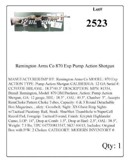 Remington Arms Co 870 Exp Pump Action Shotgun