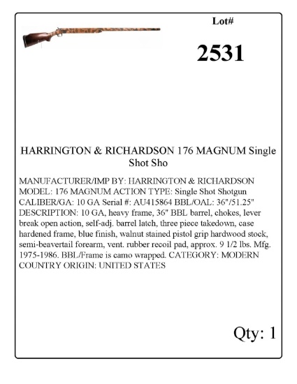 HARRINGTON & RICHARDSON 176 MAGNUM Single Shot Shogun 10 GA