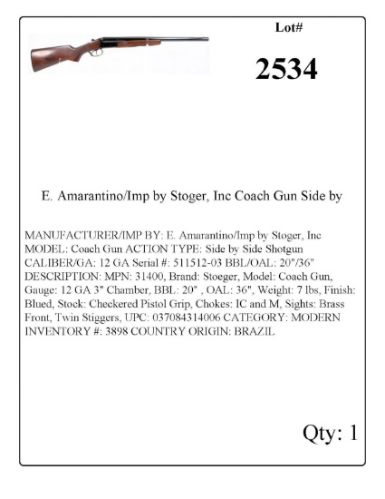 E. Amarantino/Imp by Stoger, Inc Coach Gun Side by Side Shotgun