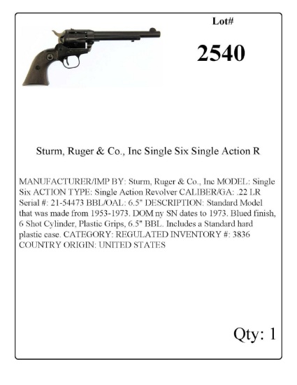 Sturm, Ruger & Co., Inc Single Six Single Action Revolver