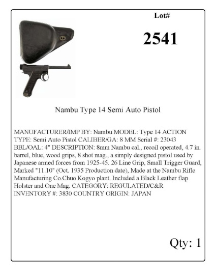 Nambu Type 14 Semi Auto Pistol