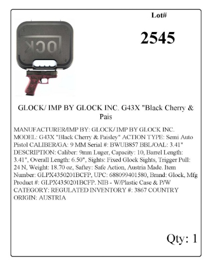 GLOCK/ IMP BY GLOCK INC. G43X "Black Cherry & Paisley” Semi Auto Pistol