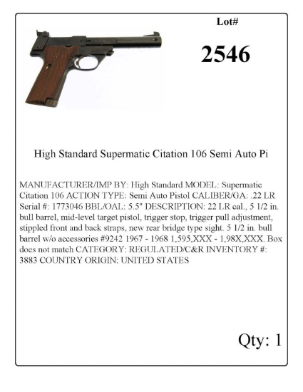 High Standard Supermatic Citation 106 Semi Auto Pistol