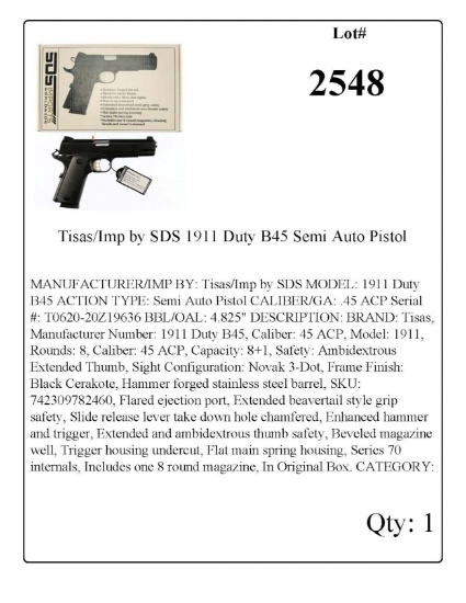 Tisas/Imp by SDS 1911 Duty B45 Semi Auto Pistol .45 ACP ***NO MD BIDDERS/NOT ON MD HANDGUN ROSTER***