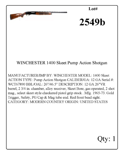 WINCHESTER 1400 Skeet Semi Auto Shotgun 12 GA