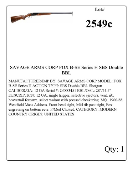 SAVAGE ARMS CORP FOX B-SE Series H SBS Double BBL 12 GA