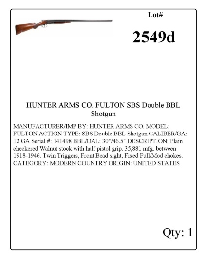 HUNTER ARMS CO. FULTON SBS Double BBL Shotgun 12 GA