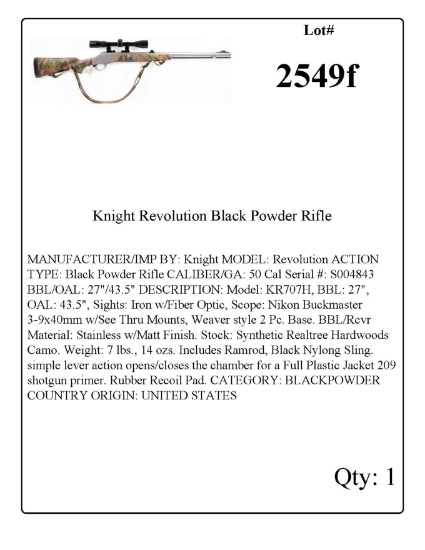 Knight Revolution Black Powder Rifle .50 Cal