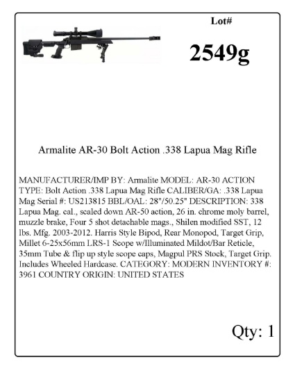 Armalite AR-30 Bolt Action .338 Lapua Mag Rifle
