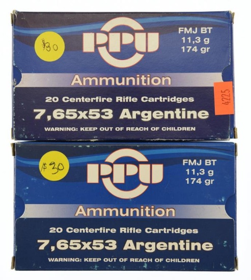Lot #2553 - 2 Boxes of PPU 7,65 x 53 Argentine 174 Grn FMJ BT Ammo (2 Boxes of 20 = 40 Rds +/-)