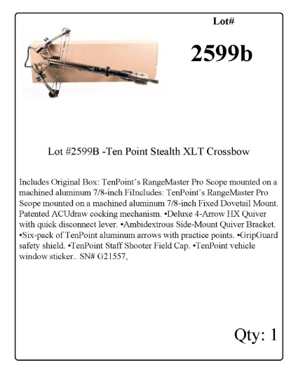 Lot #2599B -Ten Point Stealth XLT Crossbow Includes Original Box: TenPoint’s RangeMaster