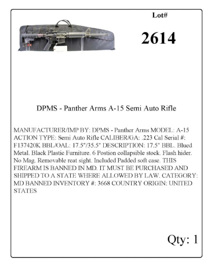DPMS-Panther Arms A-15 Semi Auto Rifle. NO MD BIDDERS. FIREARM IS ON BANNED LIST IN MD BY MDSP