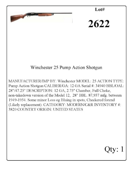 Winchester Mdl 25 Pump Action Shotgun