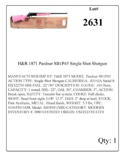 H&R 1871 Pardner SB1P45 Single Shot Shotgun