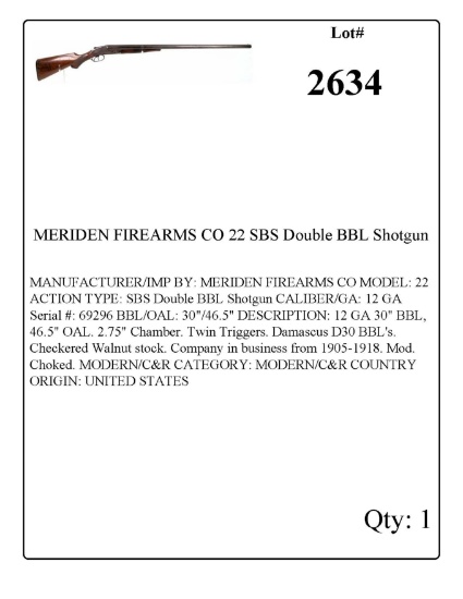 MERIDEN FIREARMS CO 22 SBS Double BBL Shotgun 12 GA