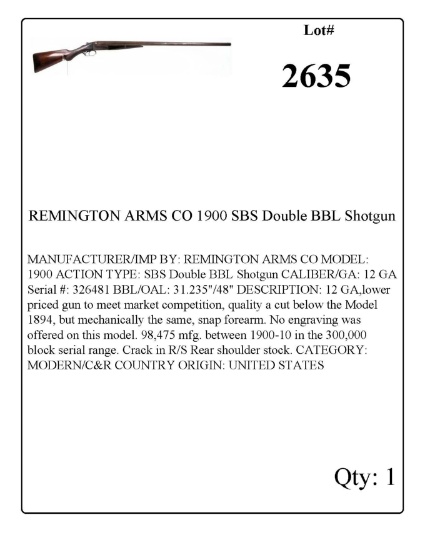 REMINGTON ARMS CO 1900 SBS Double BBL Shotgun 12 GA