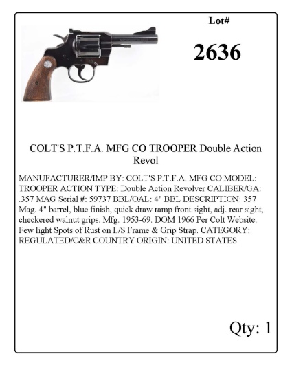COLT'S P.T.F.A. MFG CO TROOPER Double Action Revol .357 Mag
