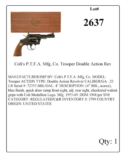 Colt's P.T.F.A. Mfg, Co. Trooper Double Action Revolver