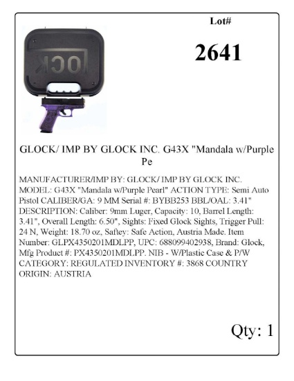 GLOCK/ IMP BY GLOCK INC. G43X "Mandala w/Purple Pearl” Semi Auto 9mm Pistol