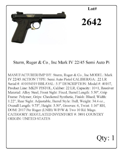 Sturm, Ruger & Co., Inc Mark IV 22/45 Semi Auto Pistol