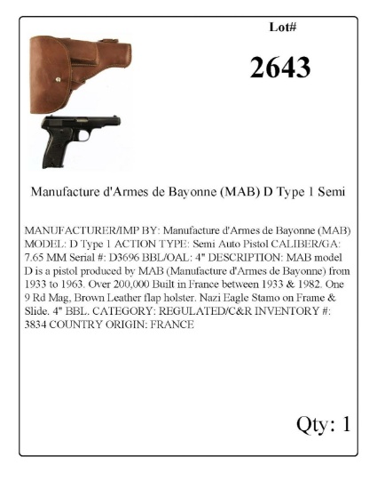 Manufacture d'Armes de Bayonne (MAB) D Type 1 Semi Auto Pistol