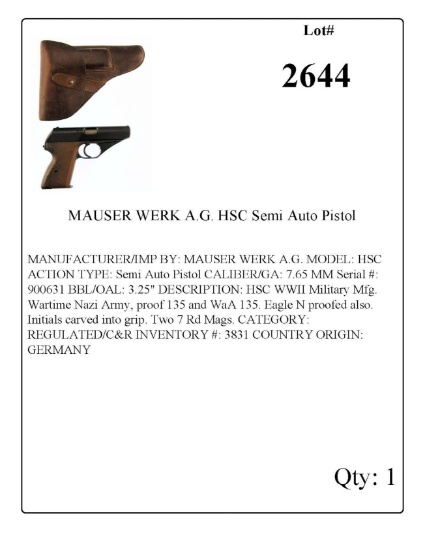 MAUSER WERK A.G. HSC Semi Auto Pistol