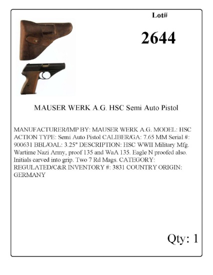 MAUSER WERK A.G. HSC Semi Auto Pistol