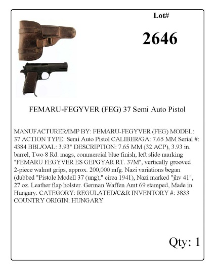 FEMARU-FEGYVER (FEG) 37 Semi Auto Pistol