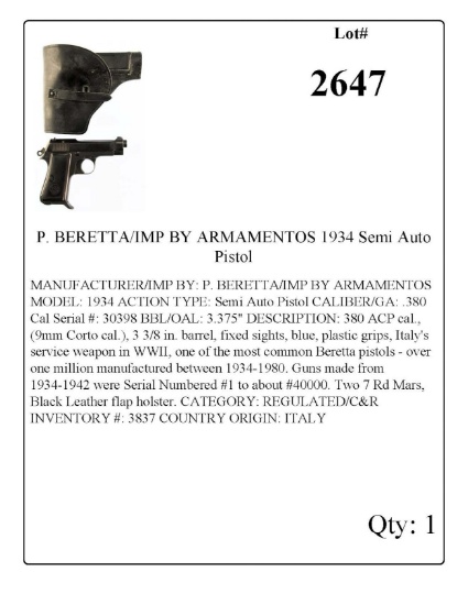 P. BERETTA/IMP BY ARMAMENTOS 1934 Semi Auto Pistol