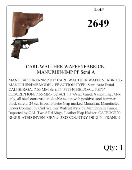 CARL WALTHER WAFFENFABRICK- MANURHIN/IMP PP Semi Auto Pistol