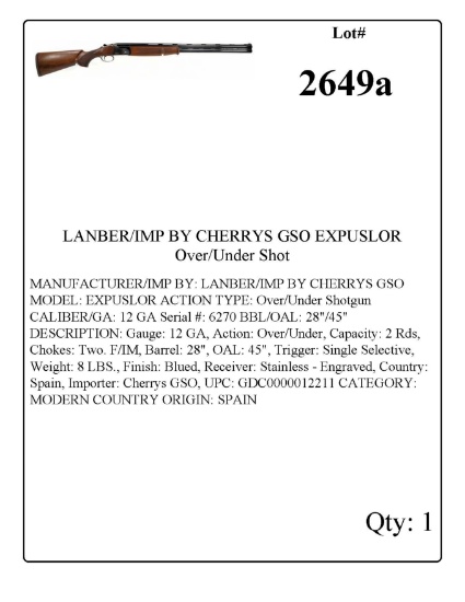 LANBER/IMP BY CHERRYS GSO EXPUSLOR Over/Under Shotgun 12 GA