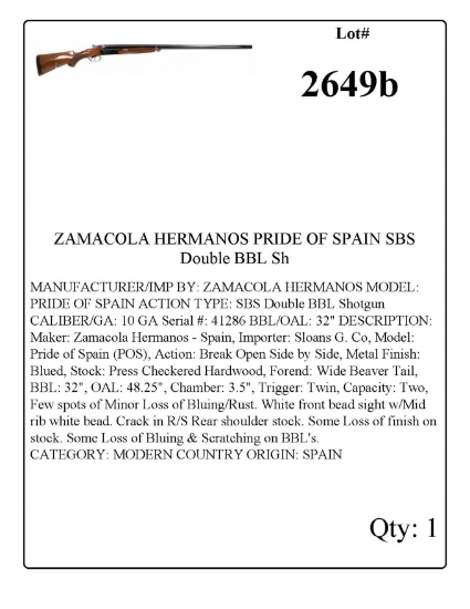 ZAMACOLA HERMANOS PRIDE OF SPAIN SBS Double BBL Shotgun 10 GA