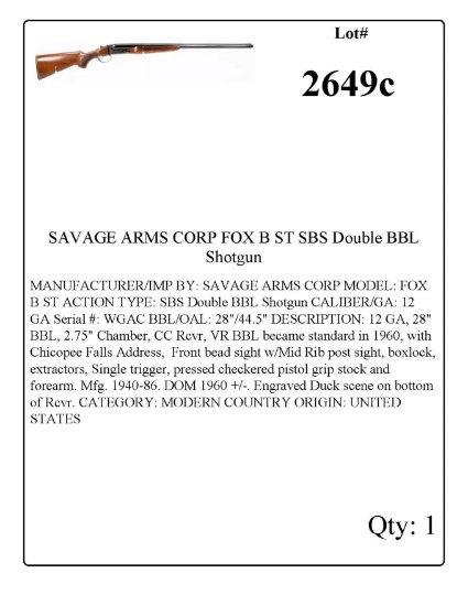 SAVAGE ARMS CORP FOX B ST SBS Double BBL Shotgun 12 GA