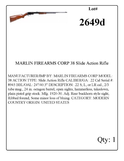MARLIN FIREARMS CORP 38 Slide Action Rifle .22 Cal