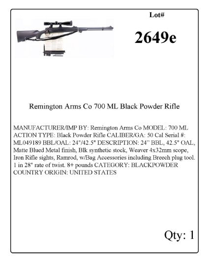 Remington Arms Co 700 ML Black Powder Rifle .50 Cal
