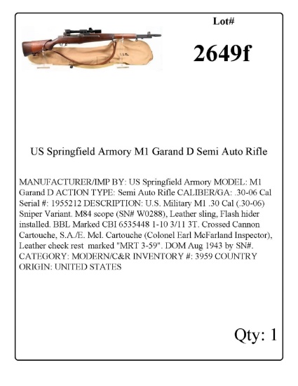 US Springfield Armory M1 Garand D Semi Auto Rifle .30-06