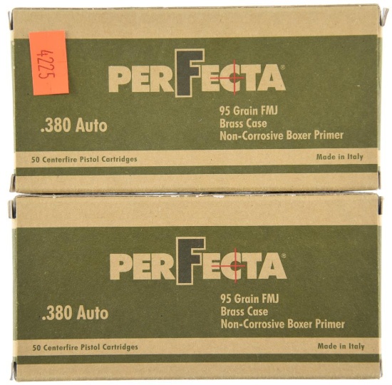Lot #2654 - 2 Boxes of 50 Rds Ea. Perfecta .380 Auto 95 Grn FMJ UPC 814950013016.