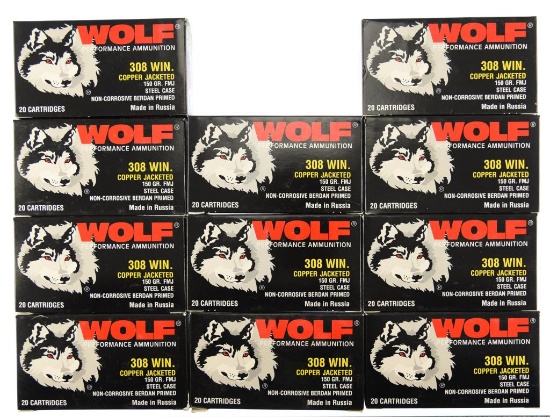 Lot #2674 - 11 Boxes of 20 Rds Wolf .308 Win 150 Gr. FMJ Ammo (11 Boxes of 20 = 220 Rds +/-)