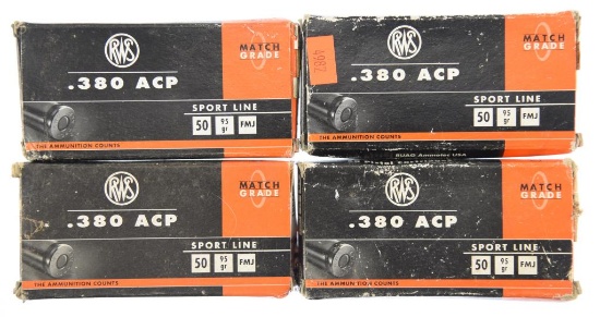Lot #2681 - 4 Boxes of RWS Rds .380 ACP 95 Grn FMJ Ammo (4 Boxes of 50 = 200 Rds +/-)