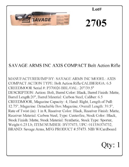 SAVAGE ARMS INC AXIS COMPACT Bolt Action Rifle