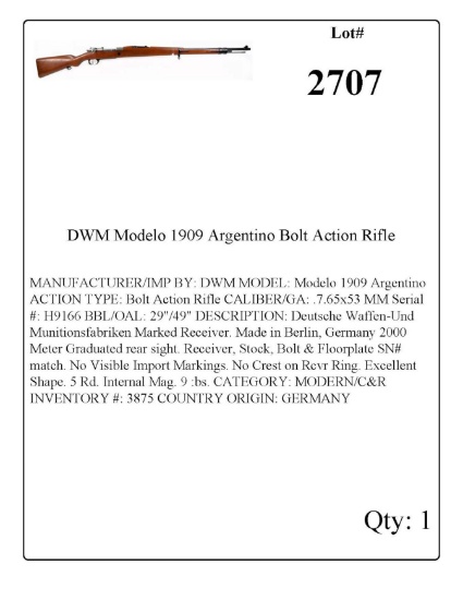 DWM Modelo 1909 Argentino Bolt Action Rifle