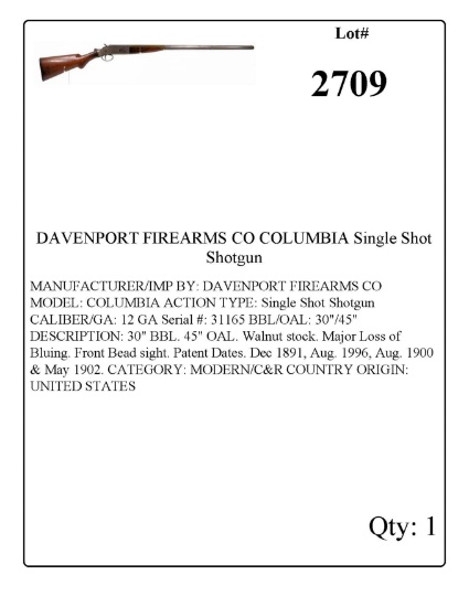 DAVENPORT FIREARMS CO COLUMBIA Single Shot Shotgun 12 GA