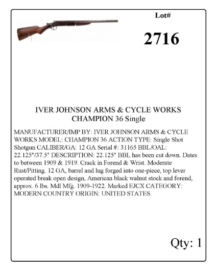 IVER JOHNSON ARMS & CYCLE WORKS CHAMPION 36 Single 12 GA