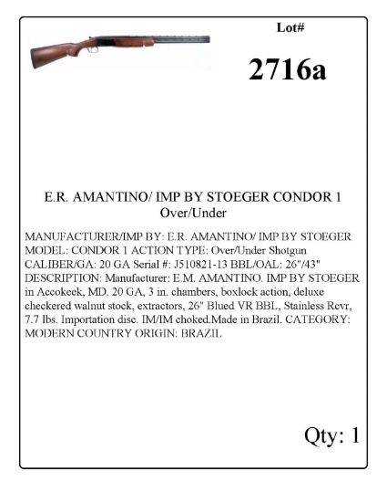 E.R. AMANTINO/ IMP BY STOEGER CONDOR 1 Over/Under 20 GA