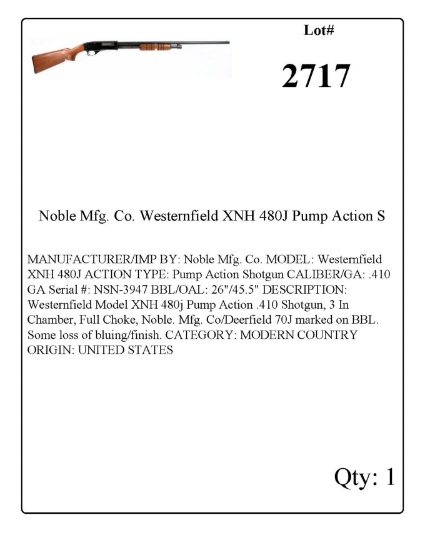 Noble Mfg. Co. Westernfield XNH 480J Pump Action Shotgun .410