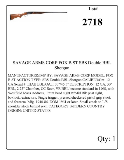 SAVAGE ARMS CORP FOX B ST SBS Double BBL Shotgun 12 GA