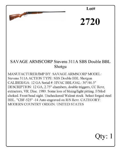 SAVAGE ARMSCORP Stevens 311A SBS Double BBL Shotgun 12 GA