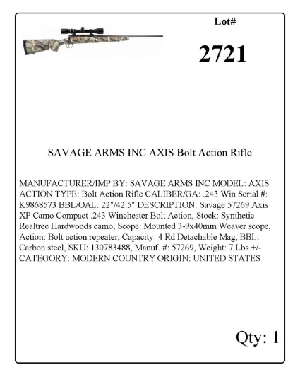SAVAGE ARMS INC AXIS Bolt Action Rifle .243 Win
