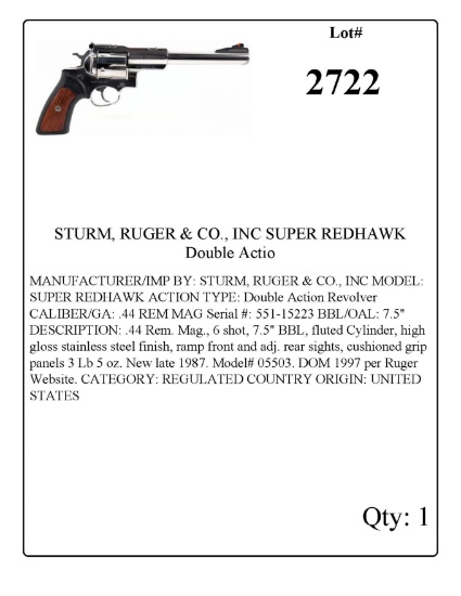 STURM, RUGER & CO., INC SUPER REDHAWK Double Action Revolver .44 Rem Mag
