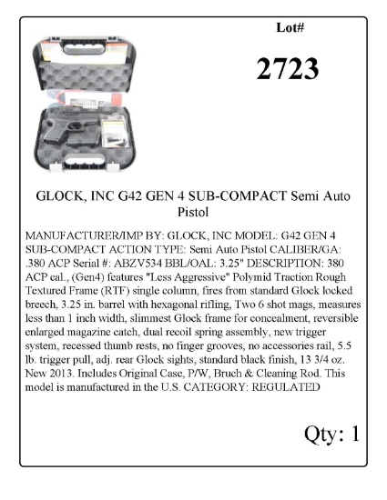 GLOCK, INC G42 GEN 4 SUB-COMPACT Semi Auto Pistol .380 ACP